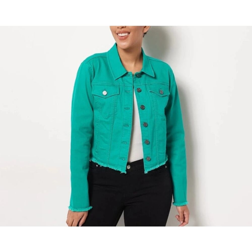 Susan Graver Stretch Denim Long Sleeve Button Front Jacket Brilliant Jade 1X NWT